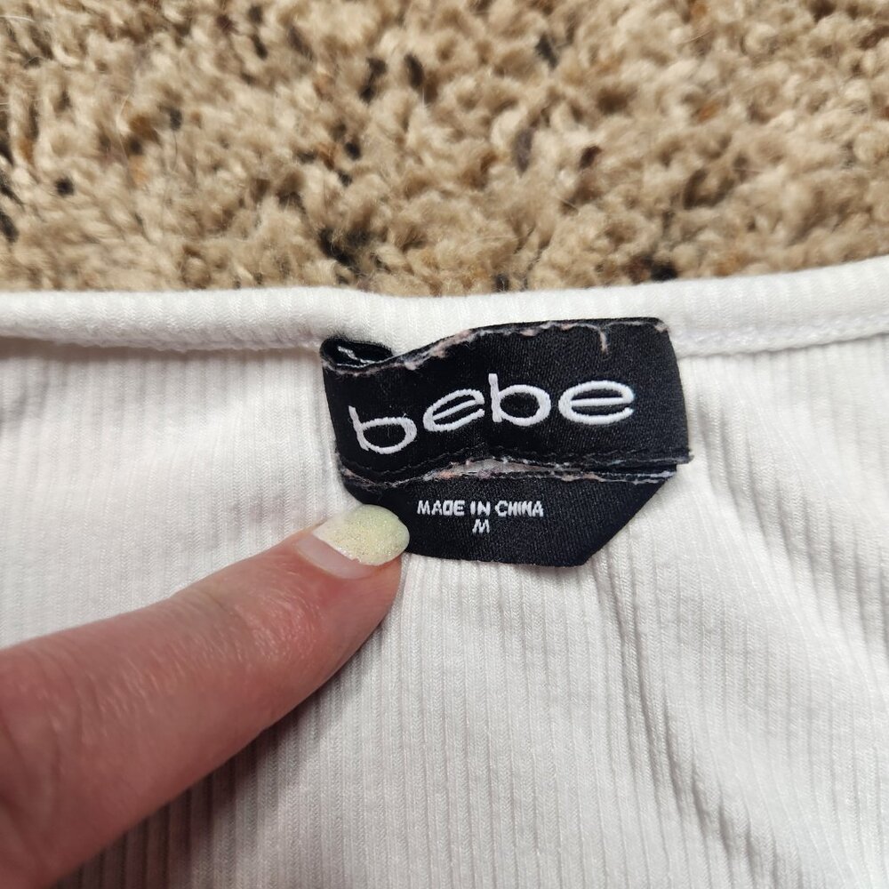 Bebe Y2K White Rhinestone Iconic Logo Ribbed Top - Picture 5 of 9
